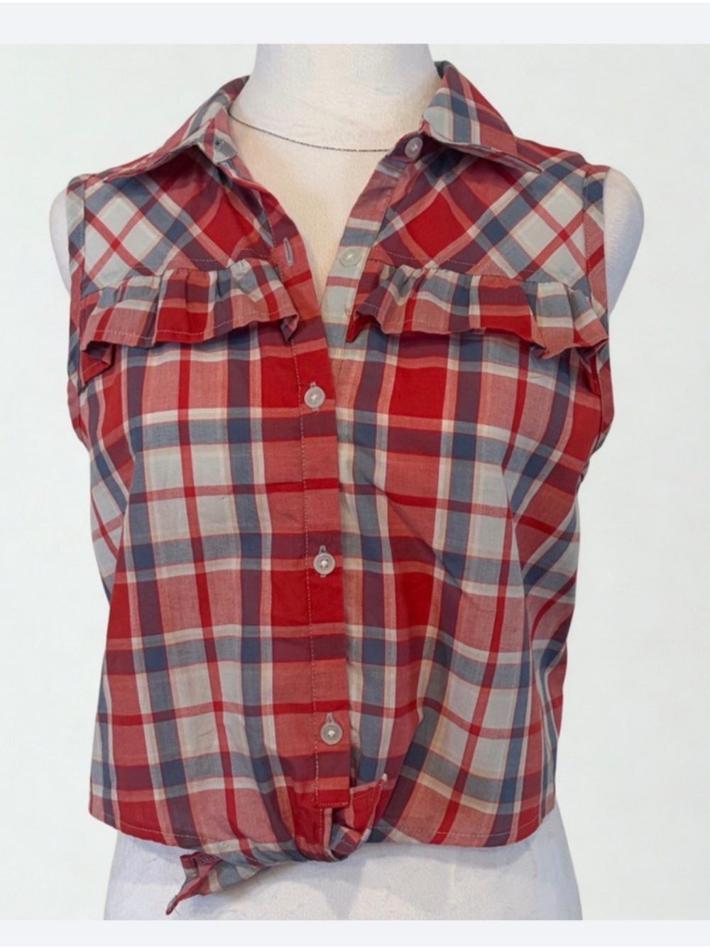 Wrangler Sleeveless Red Plaid Button-Up Tie Front Top